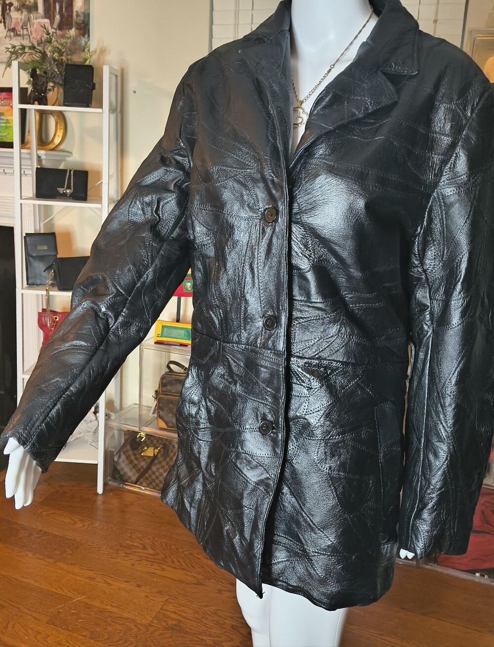 Vintage 90s Era Milan Leather Black Patchwork Leather Coat Jacket Size L